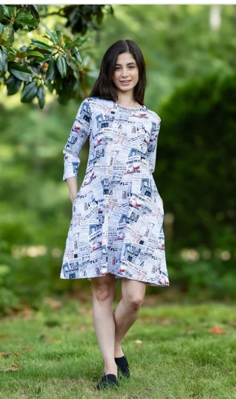 Svaha New Happy Headlines Long Tunic Organic Cotton Dress Pockets White L